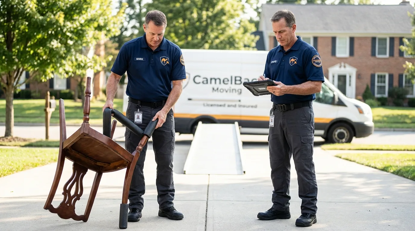 Movers inspecting furniture for damage prevention before loading in Sparta, NC