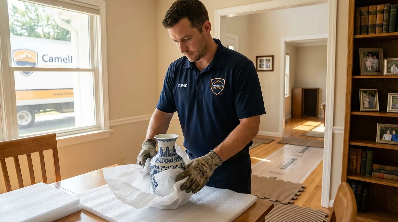 Professional crew carefully wrapping antique vase for senior downsizing move in Sparta, NC